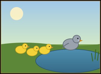 The grey ugly duckling apart from his yellow brothers by the farmyard pond