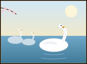 The young swan glides on a spring pond among other swans